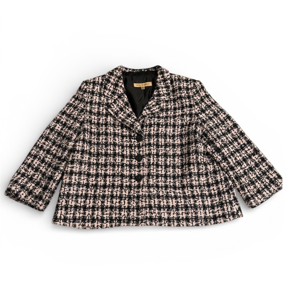 Nipon Boutique Sequin Glam Pink Tweed Black 3/4 Sleeves Spring Evening Blazer 18